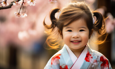Joyful toddler girl in traditional Japanese kimono smiling among cherry blossom trees during springtime