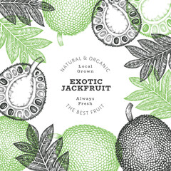 Hand drawn sketch style jackfruit banner. Organic fresh fruit vector illustration. Retro breadfruit design template