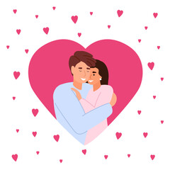 Man hugging woman in heart. Happy Romantic Couple. Concept of the Valentine day and family day. Vector illustration.