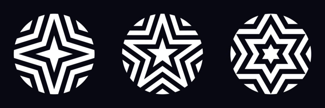 Star logo variations, decorative stripes in a round shape. Concentric energy center, light source