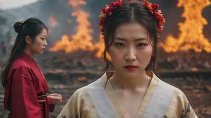Asian Woman In The Flame Background Very Cool