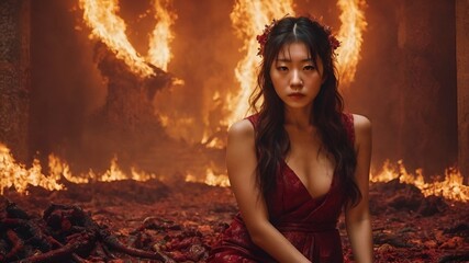 Asian Woman In The Flame Background Very Cool
