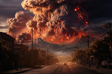 Volcano eruption in mountains, smoke cloud, hot lava, disaster, Ai Generative. - obrazy, fototapety, plakaty