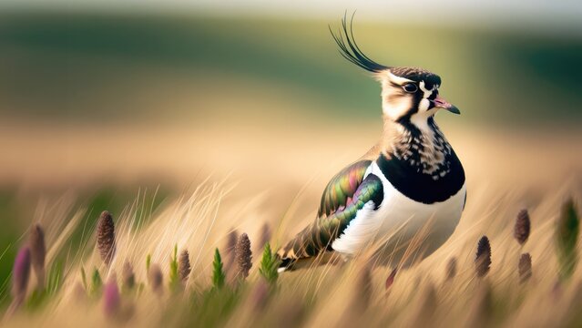 A lapwing in its natural habitat, with the bird's unique crest and patterned plumage sharply in focus.