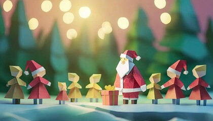  Santa Claus holding hands with children paper cut style Christmas Card, ai generated - 687947866