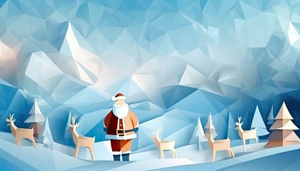 Santa Claus in snow landscape with reindeers low poly, ai generated