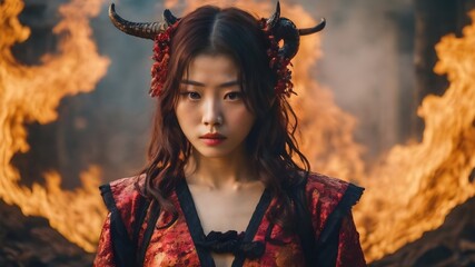 Asian Woman In The Flame Background Very Cool