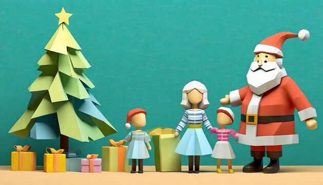 Family celebrating Christamas with tree and gifts and Santa Claus, ai generated