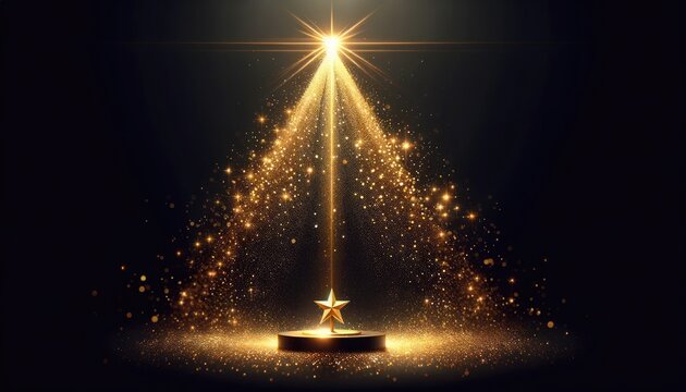 A radiant golden spotlight forms an arc across a dark background, dotted with glittering particles to symbolize a night of celebration and prestige.