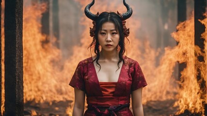 Asian Woman In The Flame Background Very Cool