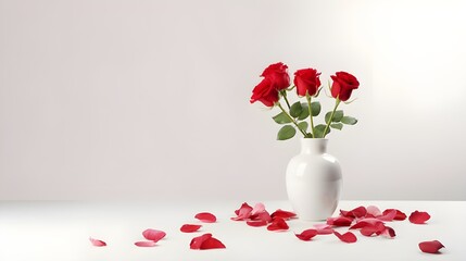 red roses in a white vase with petals around the vase