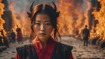 Asian Woman In The Flame Background Very Cool