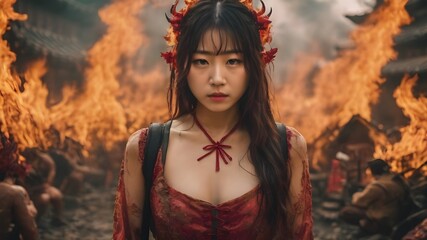 Asian Woman In The Flame Background Very Cool