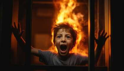 Boy trapped in a house with fire crying and screaming for help by the window. Frightened child is his home s.o.s scary