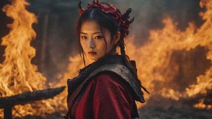 Asian Woman In The Flame Background Very Cool