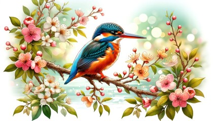 A vibrant kingfisher perched delicately among flowering branches. The bird's striking blue and orange plumage is vivid against the vibrant backdrop of flowers and green leaves. 