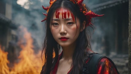 Asian Woman In The Flame Background Very Cool