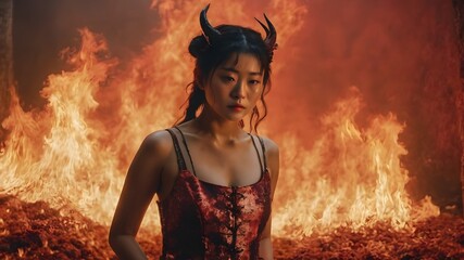 Asian Woman In The Flame Background Very Cool