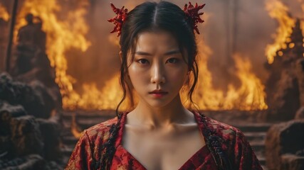 Asian Woman In The Flame Background Very Cool