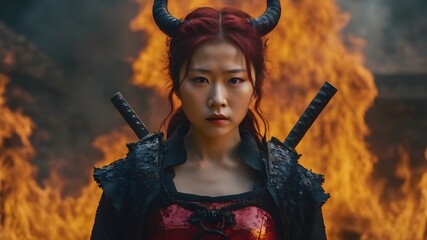 Asian Woman In The Flame Background Very Cool