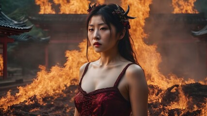 Asian Woman In The Flame Background Very Cool