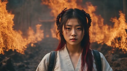 Asian Woman In The Flame Background Very Cool