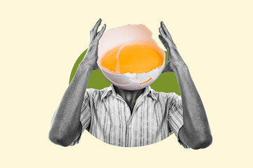 Collage image sketch of upset man two hands touching face egg instead head isolated on drawing...