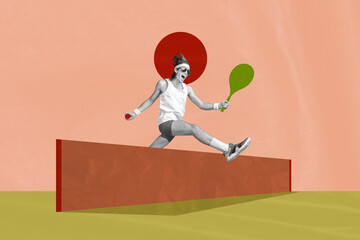 Collage 3d pinup pop retro sketch image of funky happy guy playing tennis isolated painting...