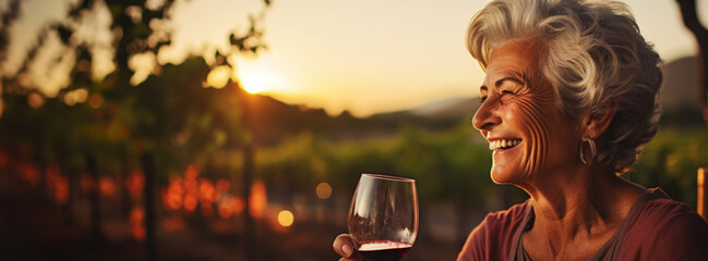 Senior smiling woman with a glass of wine, blurred backdrop of vineyard on a sunset. Generative AI - obrazy, fototapety, plakaty