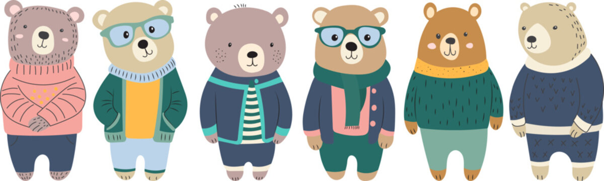 set of bears characters in flat style, vector