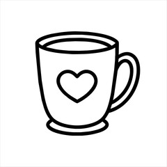 Vector icon of a modern cup decorated with a heart. Mug with a drink on a white background. Cute fashionable dishes with a handle for coffee and tea.