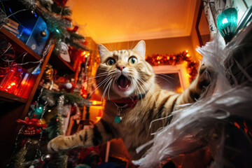 A cat left alone at home wreaks havoc in a room decorated for Christmas - obrazy, fototapety, plakaty