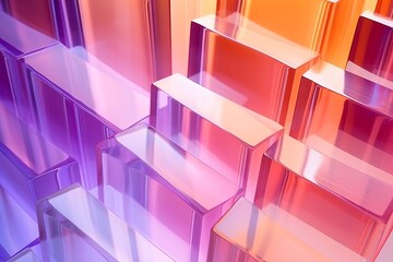 Bright abstract angled walls made of clear and ribbed gradient peach and violet acrylic glass