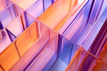 Bright abstract angled walls made of clear and ribbed gradient peach and violet acrylic glass - obrazy, fototapety, plakaty