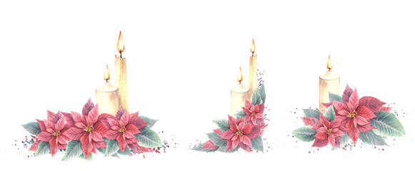 Watercolor painted arrangement set Red Poinsettia flowers, leaves with flaming candles and splashes Illustration for Christmas, New Year clipart, winter holiday celebrate art Isolated white background