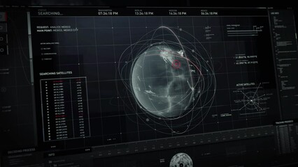 Military Scanner interface is analyzing the matrix of the planet. Scanner interface has spotted multiple satellite connections on a map. Scanner interface gathering target information. Data. UI.