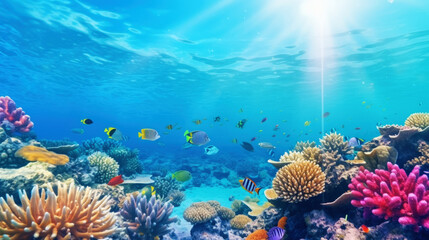 Underwater view of a colorful sea coral reef with fishes. Ocean ecosystem. Generative AI