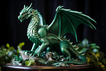 Emerald green dragon figurine, side view. Symbol of the year 2024. Chinese New Year