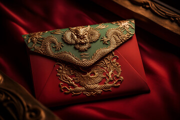 Gold Dragon symbol on green and red vintage Envelope