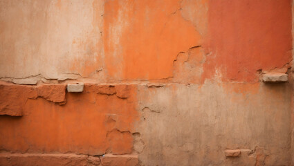 Weathered wall surface with rough plaster, presenting hues of persimmon, terracotta, and red. Oil...