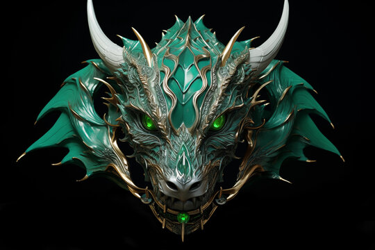 Close up Emerald Green Dragon head decoration, front view. Isolate on black background.