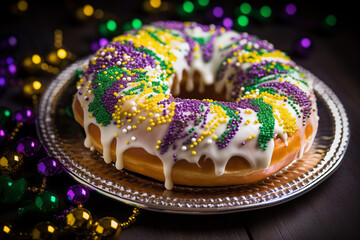 Mardi gras concept - king cake with holiday decorations
