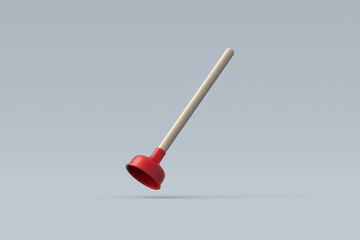 Falling toilet plunger. Plumber tool. Professional equipment. Cleaning service. Pipeline unclog. 3d render