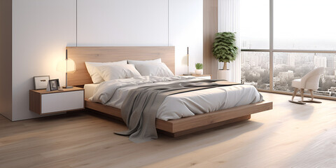 Interior of modern living room bed with white chair on the front of glass window and green plant on the wooden bed and lanp on the side of the bed Ai Generative