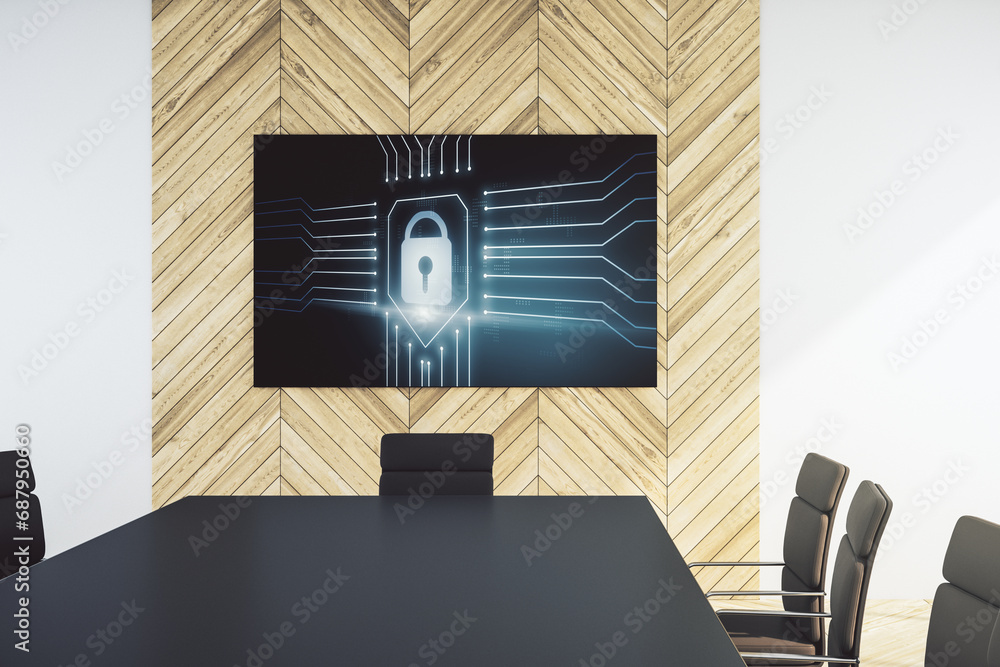 Poster Creative idea concept with lock symbol and microcircuit illustration on presentation screen in a modern conference room. Protection and firewall concept. 3D Rendering
