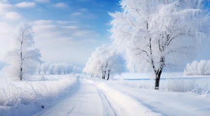 Obraz premium Panorama of beautiful winter parks and Beautiful trees in winter landscape in the late evening in snowfall copy space