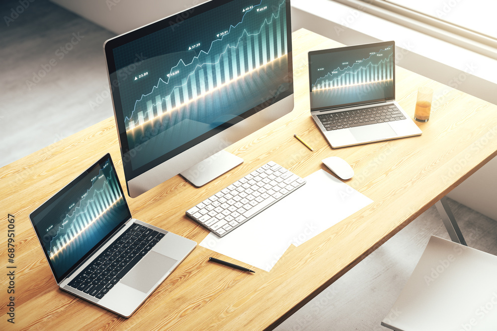 Aufkleber computer monitor with abstract financial graph, finance and trading concept. 3d rendering