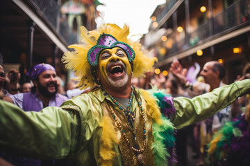 Mardi gras concept - happy people celebrate and dance during the parade outside - obrazy, fototapety, plakaty