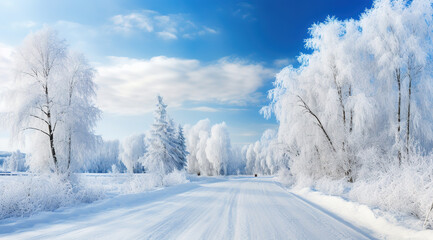 Fototapeta premium Panorama of beautiful winter parks and Beautiful trees in winter landscape in the late evening in snowfall copy space