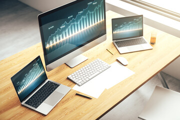 Computer monitor with abstract financial graph, finance and trading concept. 3D Rendering